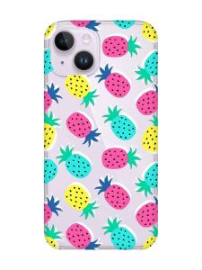 Прозорий чохол із захистом камери на iPhone 14 :: Різнокольорові ананаси (принт 346)