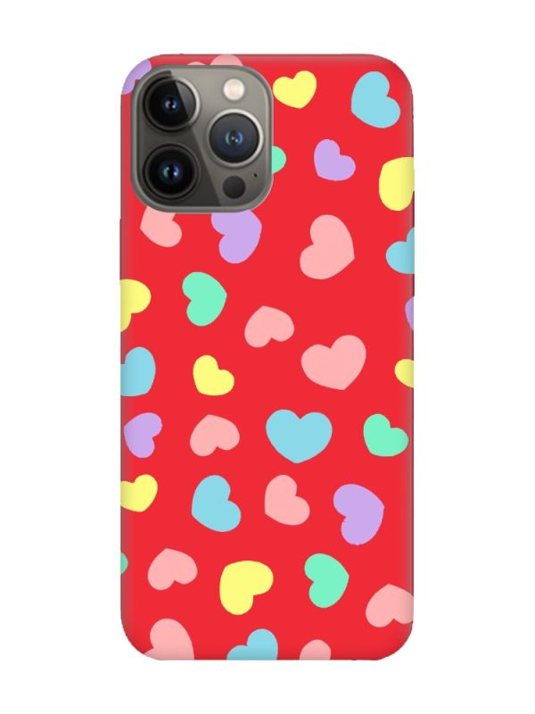 Матовий червоний чохол на Apple iPhone 13 Pro :: Різнокольорові сердечка (принт 335)