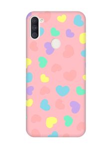 Матовий рожевий чохол на Samsung Galaxy A11 :: Різнокольорові сердечка (принт 335)