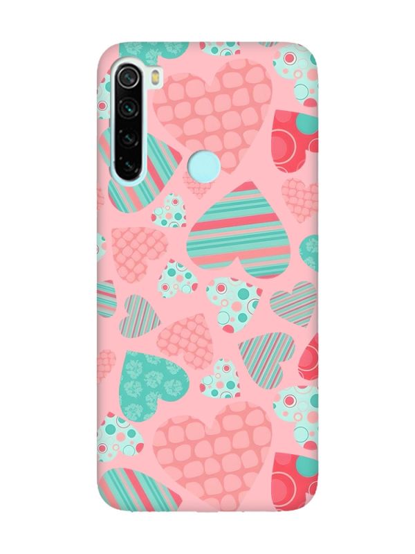 Матовий рожевий чохол на Xiaomi Redmi Note 8 :: Різнокольорові сердечка (принт 334)