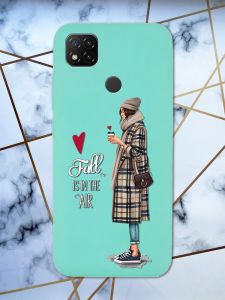 Матовий бірюзовий чохол на Xiaomi Redmi 9C Дівчина з кавою принт 59
