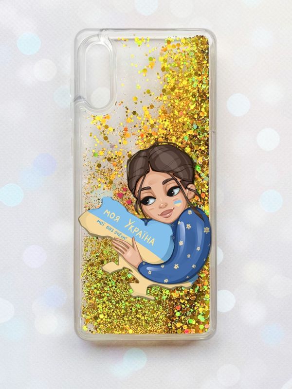 Чохол з плаваючими блискітками Samsung Galaxy A02 / A022 (2021) Золотий :: Моя Україна (принт 2)