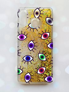 Чохол з плаваючими блискітками для Samsung Galaxy А30 (2019) А305 / A20 Золотий :: Різнокольорові очі (принт 336)