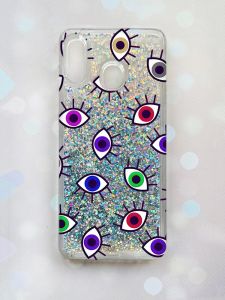 Чохол з плаваючими блискітками для Samsung Galaxy А30 (2019) А305 / A20 Срібний :: Різнокольорові очі (принт 336)