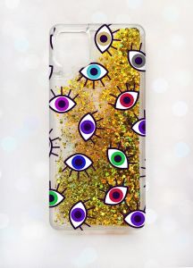 Чохол з плаваючими блискітками Samsung A12 Золотий :: Різнокольорові очі (принт 336)