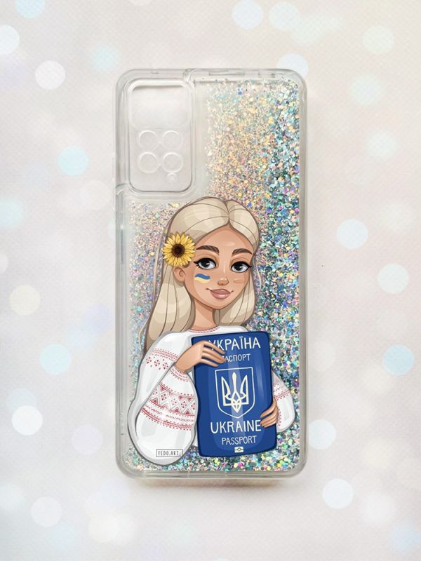 Чохол з плаваючими блискітками на Xiaomi Redmi Note 11 Pro Срібний :: Дівчина з паспортом (принт 13)