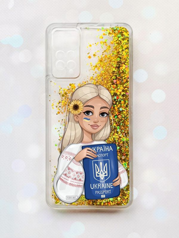 Чохол з плаваючими блискітками на Xiaomi Redmi Note 11 Pro Золотий :: Дівчина з паспортом (принт 13)