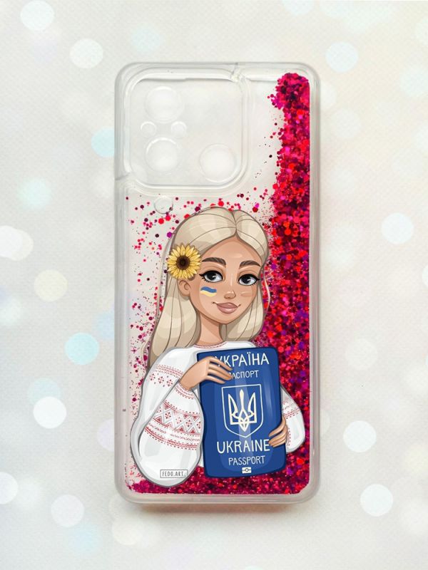 Чохол з плаваючими блискітками на Xiaomi Redmi 12C Рожевий :: Дівчина з паспортом (принт 13)