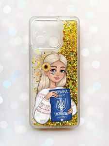 Чохол з плаваючими блискітками на Xiaomi Redmi 12C Золотий :: Дівчина з паспортом (принт 13)