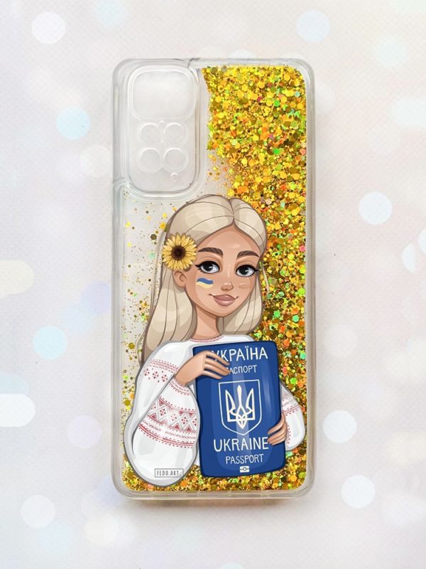 Чохол з плаваючими блискітками на Xiaomi Redmi Note 11 Золотий :: Дівчина з паспортом (принт 13)
