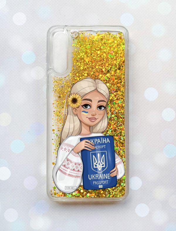 Чохол з плаваючими блискітками на Samsung Galaxy A50 (2019) A505F Золотий :: Дівчина з паспортом (принт 13)