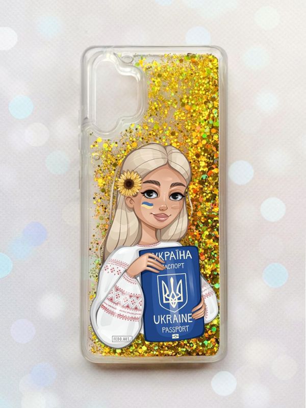 Чохол з плаваючими блискітками Samsung Galaxy A32 Золотий :: Дівчина з паспортом (принт 13)