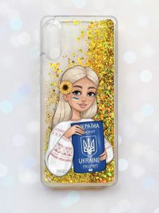 Чохол з плаваючими блискітками Samsung Galaxy A02 / A022 (2021) Золотий :: Дівчина з паспортом (принт 13)