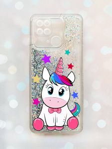 Чохол з плаваючими блискітками на Xiaomi Redmi 10С Срібний :: Єдиноріг (принт 102)