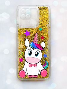 Чохол з плаваючими блискітками на Xiaomi Redmi 10С Золотий :: Єдиноріг (принт 102)