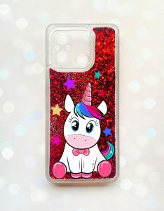 Чохол з плаваючими блискітками на Xiaomi Redmi 12C Червоний :: Єдиноріг (принт 102)