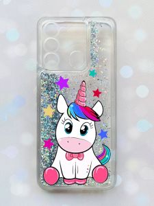 Чохол з плаваючими блискітками на TECNO Spark Go 2022 Срібний :: Єдиноріг (принт 102)