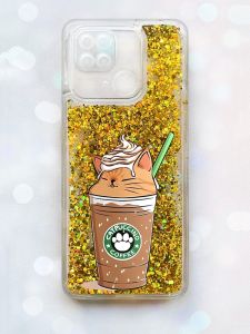 Чохол з плаваючими блискітками на Xiaomi Redmi 10С Золотий :: Капучіно котик (принт 97)