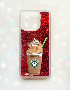 Чохол з плаваючими блискітками на Xiaomi Redmi 12C Червоний :: Капучіно котик (принт 97)