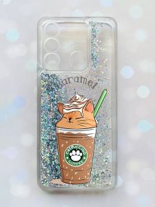 Чохол з плаваючими блискітками на TECNO Spark Go 2022 Срібний :: Капучіно котик (принт 97)