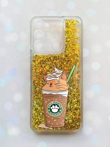 Чохол з плаваючими блискітками на TECNO Spark Go 2022 Золотий :: Капучіно котик (принт 97)