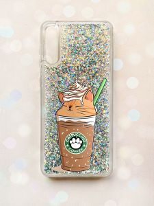 Чохол з плаваючими блискітками на Samsung Galaxy A50 (2019) A505F Срібний :: Капучіно котик (принт 97)