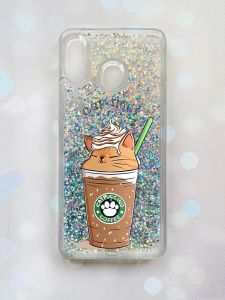 Чохол з плаваючими блискітками для Samsung Galaxy А30 (2019) А305 / A20 Срібний :: Капучіно котик (принт 97)
