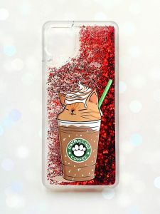 Чохол з плаваючими блискітками Samsung Galaxy A12 Червоний :: Капучіно котик (принт 97)