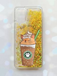 Чохол з плаваючими блискітками для Samsung Galaxy A03s (A037) Золотий :: Капучіно котик (принт 97)