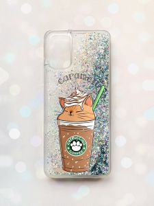 Чохол з плаваючими блискітками для Samsung Galaxy A03s (A037) Срібний :: Капучіно котик (принт 97)