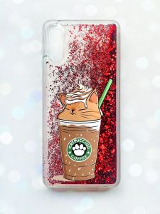Чохол з плаваючими блискітками Samsung Galaxy A02 / A022 (2021) Червоний :: Капучіно котик (принт 97)