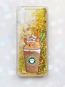 Чохол з плаваючими блискітками Samsung Galaxy A02 / A022 (2021) Золотий :: Капучіно котик (принт 97)