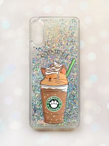 Чохол з плаваючими блискітками Samsung Galaxy A02 / A022 (2021) Срібний :: Капучіно котик (принт 97)