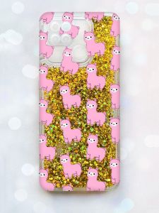 Чохол з плаваючими блискітками на Xiaomi Redmi 10С Золотий :: Лами рожеві (принт 101)