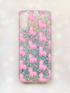 Чохол з плаваючими блискітками Samsung Galaxy A02 / A022 (2021) Срібний :: Лами рожеві (принт 101)