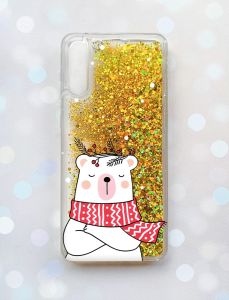 Чохол з плаваючими блискітками на Samsung Galaxy A50(2019) A505F Золотий :: Ведмідь у шарфі (принт 147)