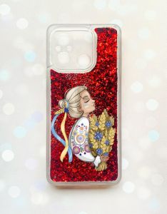 Чохол з плаваючими блискітками на Xiaomi Redmi 12C Червоний :: Українка з колосками (принт 173)