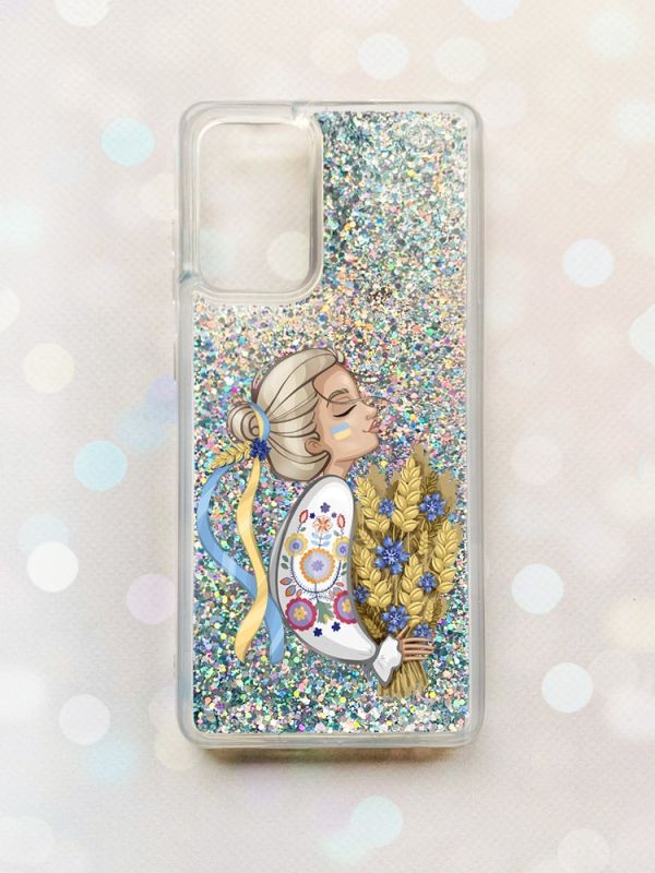 Чохол з плаваючими блискітками на Samsung Galaxy A52 (A525) Срібний :: Українка з колосками (принт 173)