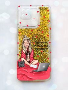Чохол з плаваючими блискітками на Xiaomi Redmi 10С Золотий :: Дівчина з вином (принт 220)