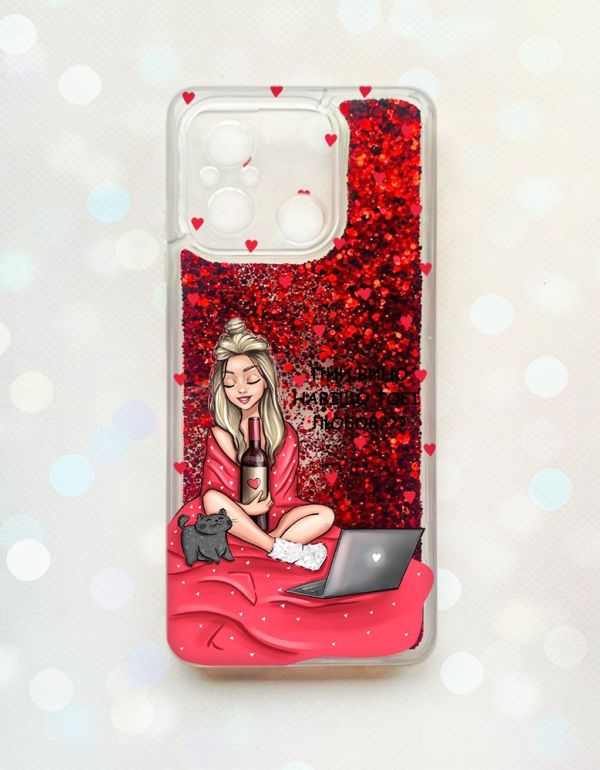 Чохол з плаваючими блискітками на Xiaomi Redmi 12C Червоний :: Дівчина з вином (принт 220)