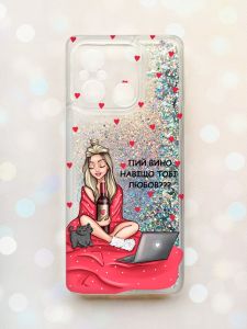 Чохол з плаваючими блискітками на Xiaomi Redmi 12C Срібний :: Дівчина з вином (принт 220)