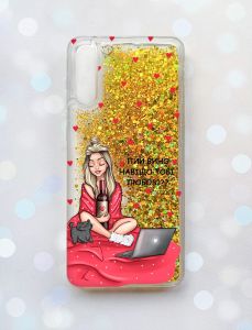 Чохол з плаваючими блискітками на Samsung Galaxy A50 (2019) A505F Золотий :: Дівчина з вином (принт 220)