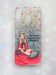 Чохол з плаваючими блискітками на Samsung Galaxy А30(2019) А305/A20 Срібний :: Дівчина з вином (принт 220)