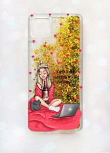 Чохол з плаваючими блискітками Samsung A12 Золотий :: Дівчина з вином (принт 220)