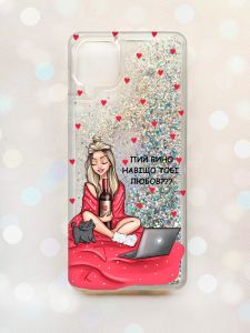 Чохол з плаваючими блискітками Samsung Galaxy A12 Срібний :: Дівчина з вином (принт 220)