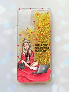Чохол з плаваючими блискітками для Samsung Galaxy A03s (A037) Золотий :: Дівчина з вином (принт 220)