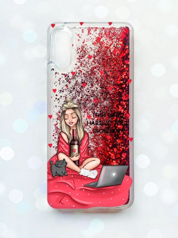 Чохол з плаваючими блискітками Samsung Galaxy A02 / A022 (2021) Червоний :: Дівчина з вином (принт 220)