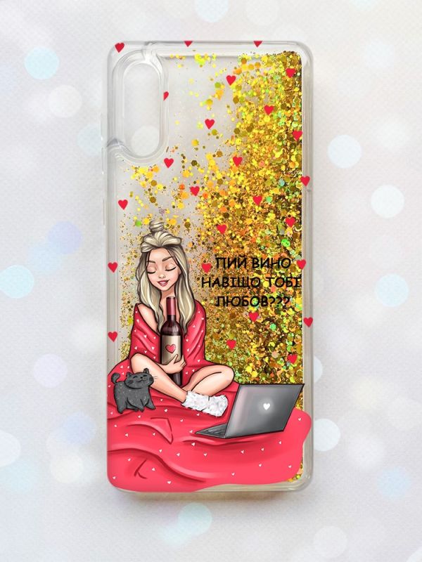 Чохол з плаваючими блискітками Samsung Galaxy A02 / A022 (2021) Золотий :: Дівчина з вином (принт 220)