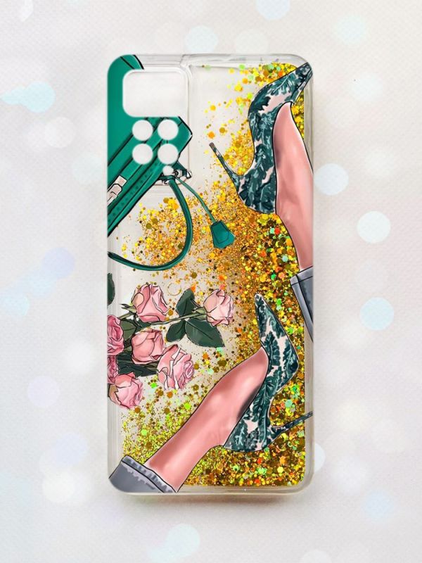 Чохол з плаваючими блискітками на Xiaomi Redmi Note 11 Pro Золотий :: Туфельки і квіти (принт 225)