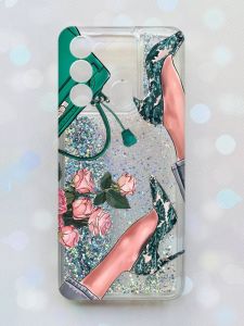 Чохол з плаваючими блискітками на TECNO Spark Go 2022 Срібний :: Туфельки і квіти (принт 225)